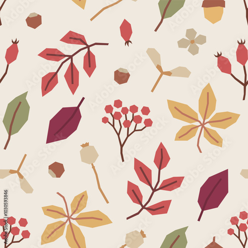 Seamless pattern of autumn leaves, rowan berries, poppy pods in cutout style on light beige background. Simple geometric botanical elements. Fall vector design for textile, wallpaper, wrapping paper.