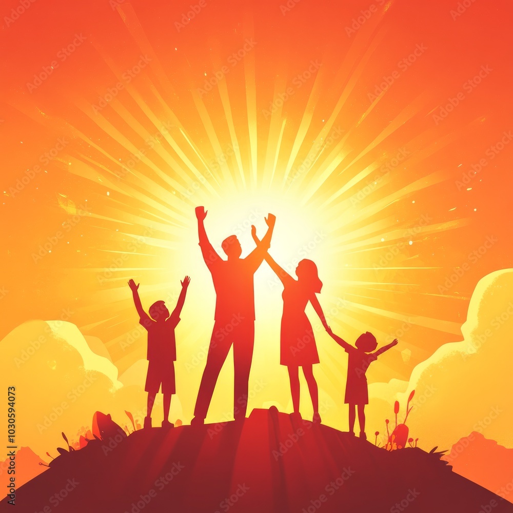 A silhouette of a family celebrating against a vibrant sunset backdrop. A silhouette of a family celebrating against a vibrant sunset backdrop.