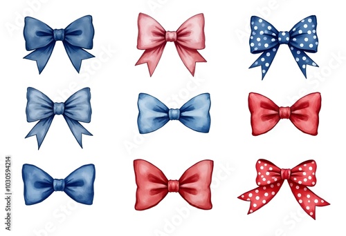 Set of 4th of july coquette bow stars and stripes clipart, Red white blue ribbon watercolor illustration, American girly girl decoration. 