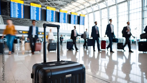 Travel, The suitcases in a airport hall, traveler cases in the departure airport terminal waiting for the area, vacation concept. Ai Generative.