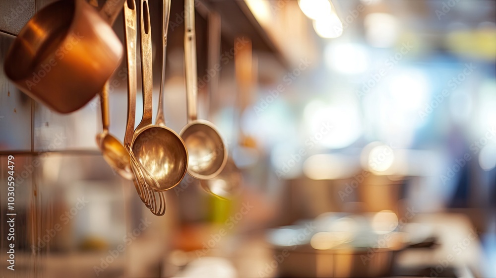 Focus on foreground of hanging cooking utensils and blurred table with saucepans Focus on foreground of hanging cooking utensils and blurred table with saucepans