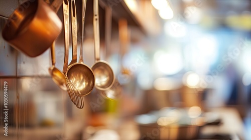 Focus on foreground of hanging cooking utensils and blurred table with saucepans