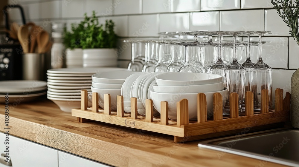 © ArtCookStudio - Organized kitchen countertop displaying stacks of clean dishes and glassware in a sunny setting © ArtCookStudio - Organized kitchen countertop displaying stacks of clean dishes and glassware in a sunny setting