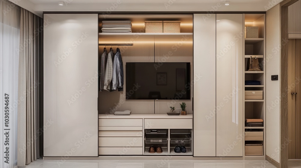 Fototapeta premium Modern living room unit with TV, storage, and decorative elements.