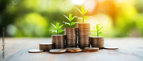 Coins with plant growth, financial concept photo