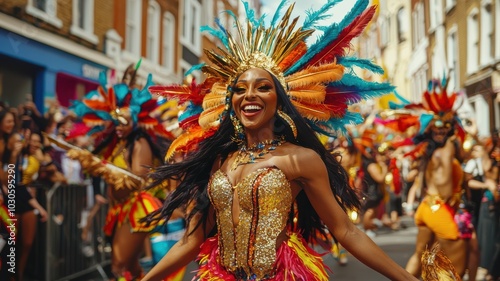 Woman in feathered costume at street parade