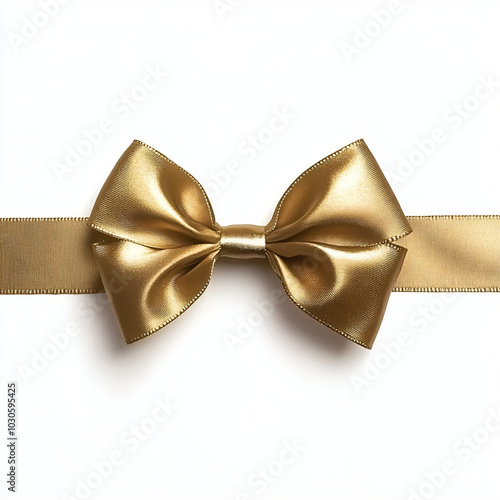 Decorative shiny atlas yellow ribbon with bow isolated on white background. gold band satin strip for Valentine's, birthday gift. Wrapping for Christmas party, Father's, Women's day gift. photo