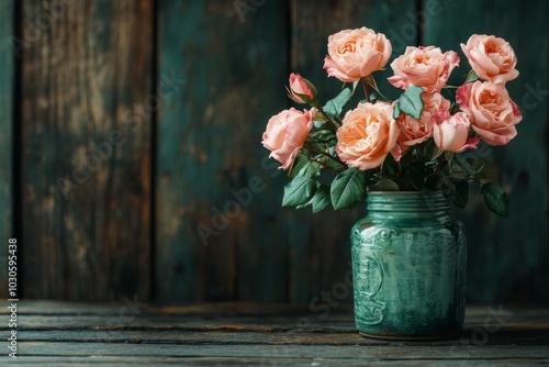 Wallpaper Mural Charming Arrangement of Fresh Roses in a Vintage Green Jar Torontodigital.ca