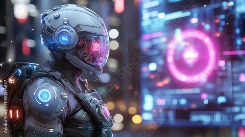 Armored exoskeleton warrior standing in a cyberpunk city, neon lights and holograms, futuristic defense