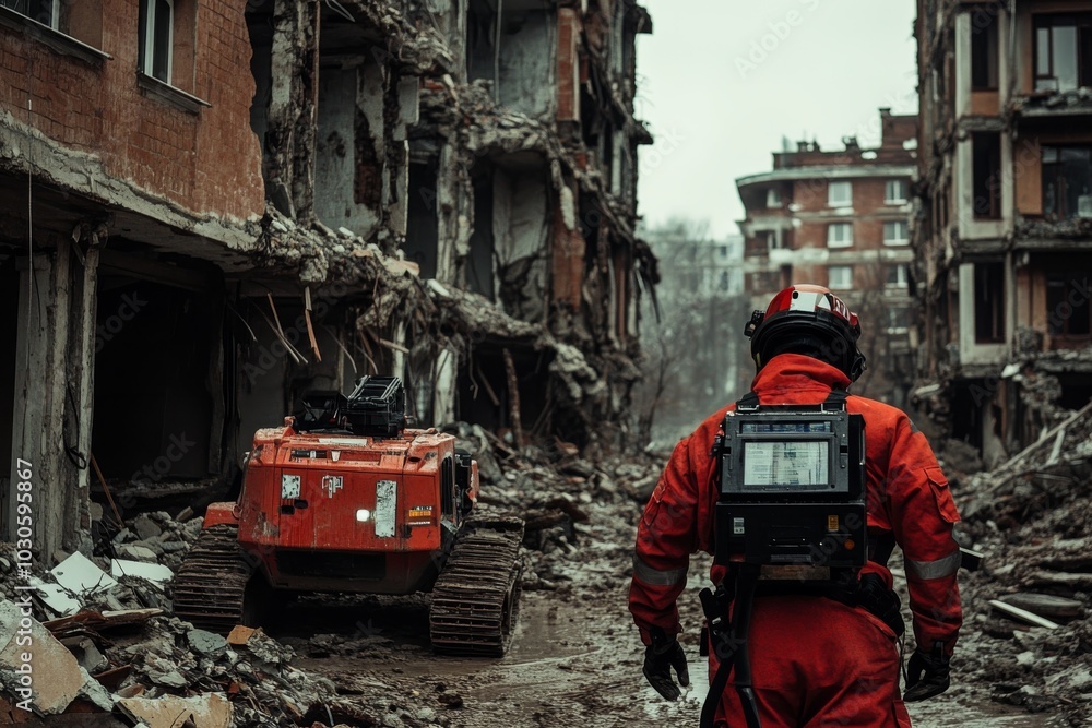 Fototapeta premium Rescue Worker in Destroyed Building with Heavy Machinery