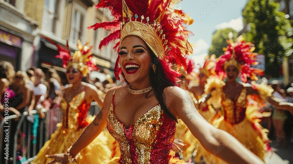 Woman dancing in colorful parade attire Woman dancing in colorful parade attire