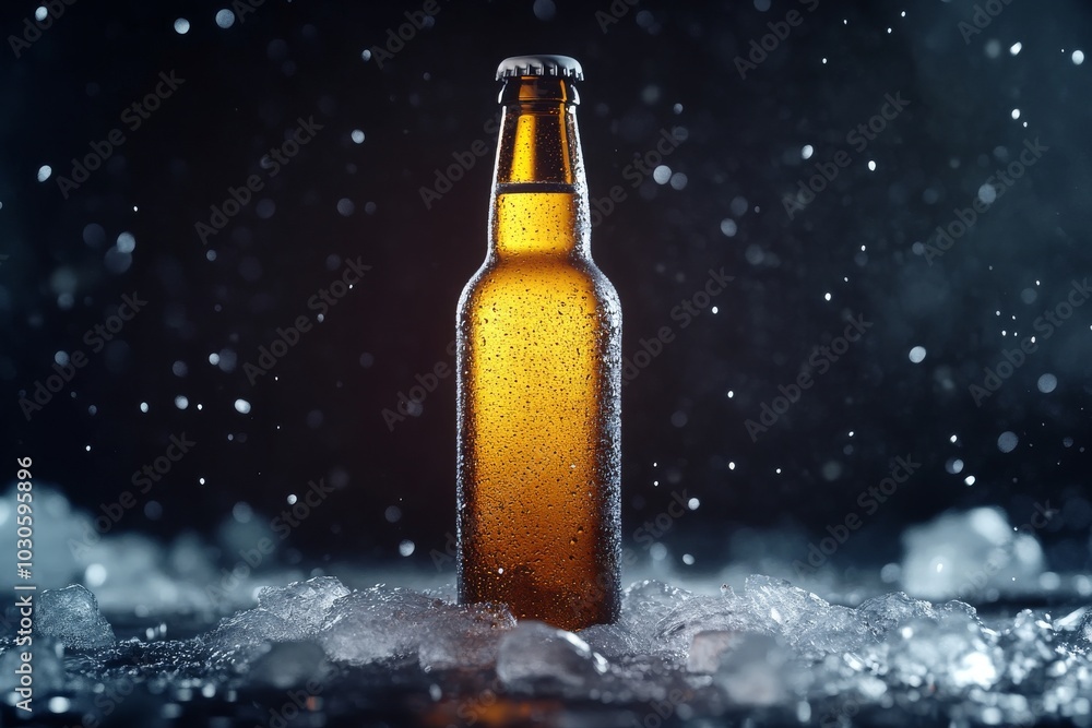 Chilled Beer Bottle Elegantly Positioned on a Bed of Ice Chilled Beer Bottle Elegantly Positioned on a Bed of Ice