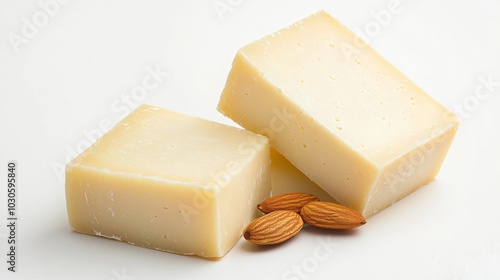 Two blocks of pale, creamy cheese displayed beside some almonds on a light background.