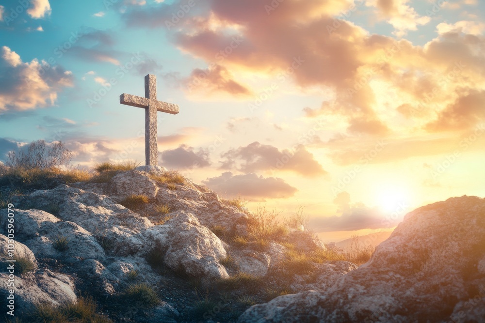 Fototapeta premium Inspirational Easter Background Featuring a Cross and Radiant Sunlight