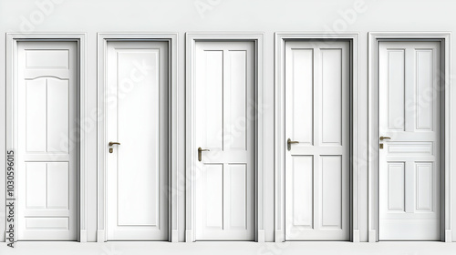 Five White Doors with Brass Door Knobs and Handles on a White Wall