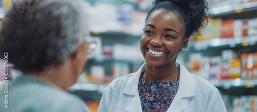 A friendly pharmacist smiles while helping an elderly customer in a pharmacy.