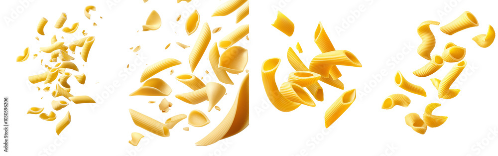 Uncooked Italian pasta falling from a height, on a white background, full depth of field, isolated Uncooked Italian pasta falling from a height, on a white background, full depth of field, isolated