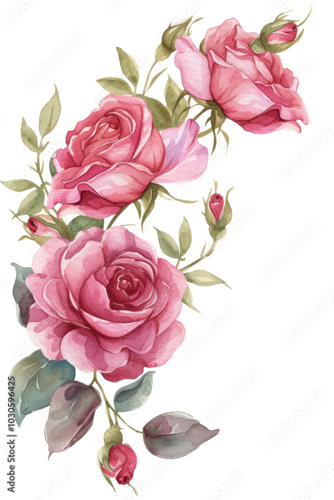 Roses and leaves, watercolor flowers isolated on white background, wedding invitaiton card design Roses and leaves, watercolor flowers isolated on white background, wedding invitaiton card design