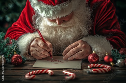 Santa Claus writing a letter in a cozy setting surrounded by festive decorations and candy canes photo