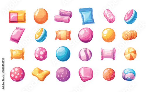 Bubble gum elastic treats cartoon vector set. Chewing balls pads sugary blisters packaging puffs pillows chewy candy, yummy delicious oral bubblegum care confectionery sweets isolated illustrations