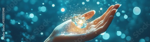 Close-up of a mermaids hand holding a glowing sea crystal, shimmering bubbles, enchanting ambiance photo