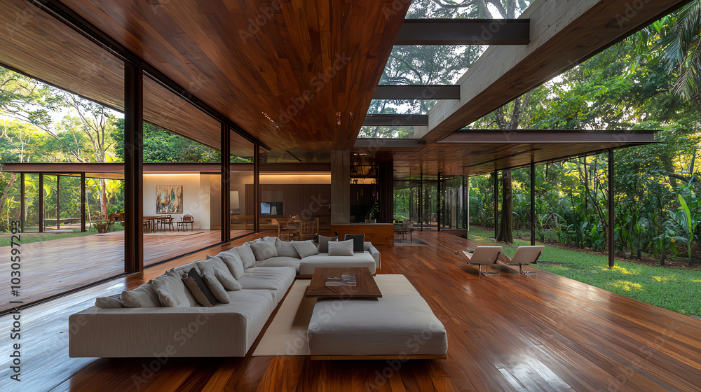 A tropicalstyle home with a focus on natural light, using skylights and open spaces A tropicalstyle home with a focus on natural light, using skylights and open spaces