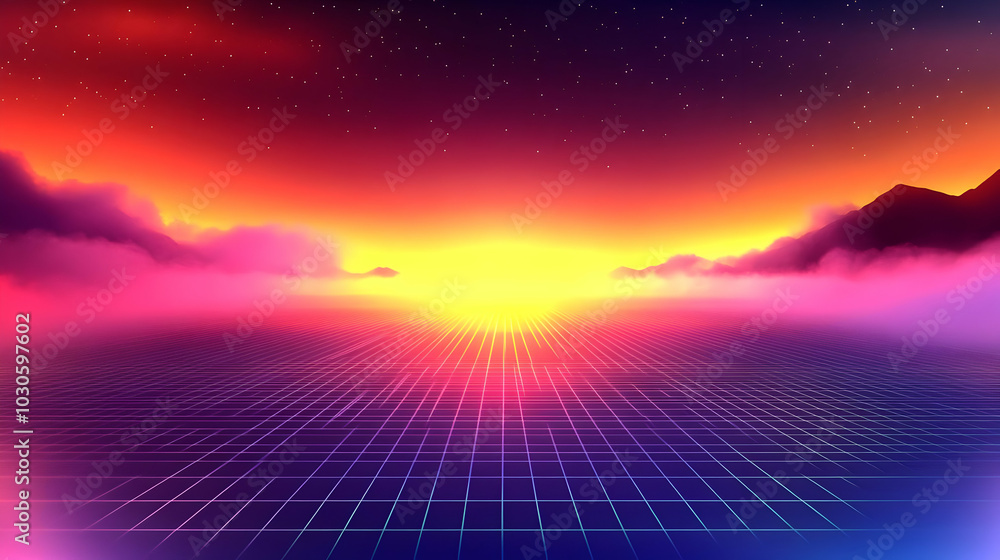 A Vibrant Retrofuturistic Landscape with a Sunset over a Gridded Horizon and Mountains A Vibrant Retrofuturistic Landscape with a Sunset over a Gridded Horizon and Mountains