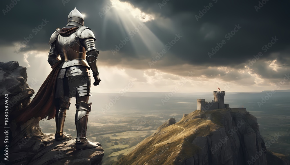 Armored knight standing on a cliff overlooking a castle with dramatic sky and sunlight rays Armored knight standing on a cliff overlooking a castle with dramatic sky and sunlight rays