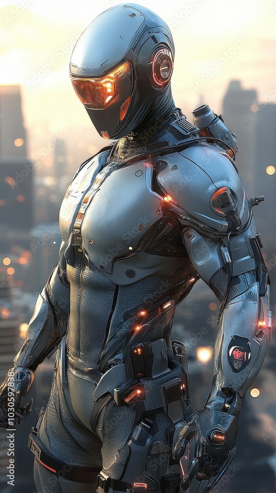 Cybernetic warrior in a dystopian cityscape, advanced technology suit, sci-fi military Cybernetic warrior in a dystopian cityscape, advanced technology suit, sci-fi military