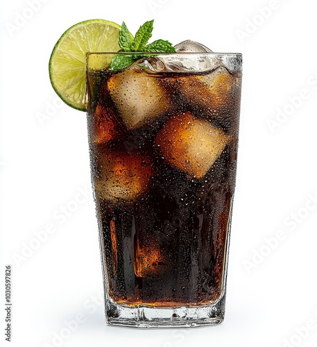 Drink a refreshing cuba libre cocktail with ice, garnished with lime slices and mint leaves, served in a glass, perfect for summer