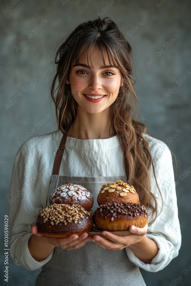 A young woman showcasing freshly baked bread while smiling in a cozy bakery setting A young woman showcasing freshly baked bread while smiling in a cozy bakery setting