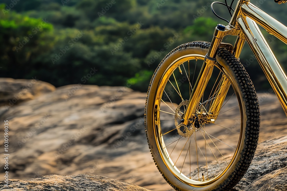Fototapeta premium Close-up shot of a gleaming, gold-plated mountain bike resting on a rocky cliff, adventure awaits