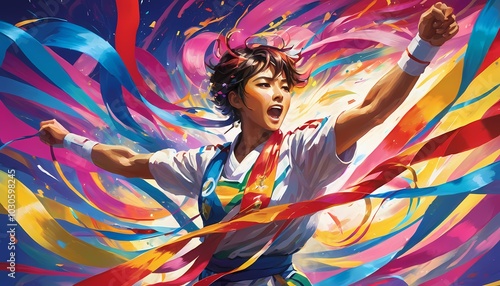 Dynamic young athlete celebrating victory with colorful ribbons in a vibrant background