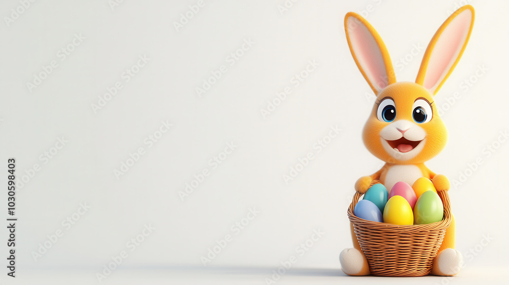 Cute cartoon bunny holding basket of colorful eggs, perfect for Easter celebrations. This cheerful character brings joy and festive spirit to any occasion Cute cartoon bunny holding basket of colorful eggs, perfect for Easter celebrations. This cheerful character brings joy and festive spirit to any occasion