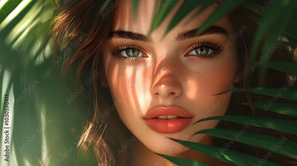 Portrait of beautiful woman surrounded by palm leaves in soft sunlight Portrait of beautiful woman surrounded by palm leaves in soft sunlight