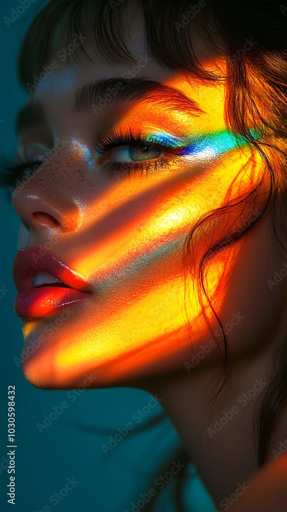 Fashionable woman with colorful highlights under vibrant light Fashionable woman with colorful highlights under vibrant light