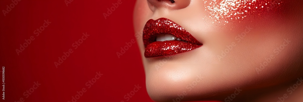 Close-up portrait of a woman with glittering red lips and glowing skin Close-up portrait of a woman with glittering red lips and glowing skin