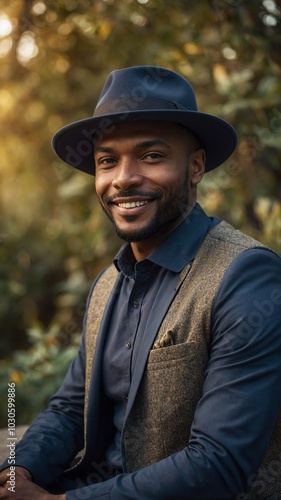 Middle-aged Black man with short curly hair wearing gray hat, blue shirt, and brown jacket, smiling outdoors in natural setting