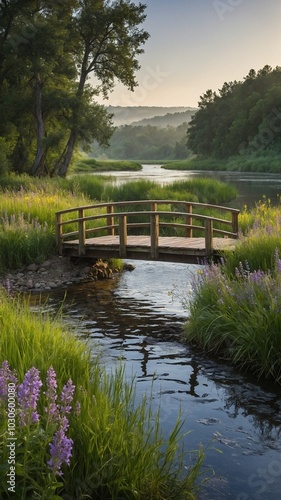 Wooden bridge over tranquil pond surrounded by lush greenery, including tall grass and trees. Pond reflects overcast sky, creating serene and peaceful atmosphere. Background features rolling hills in