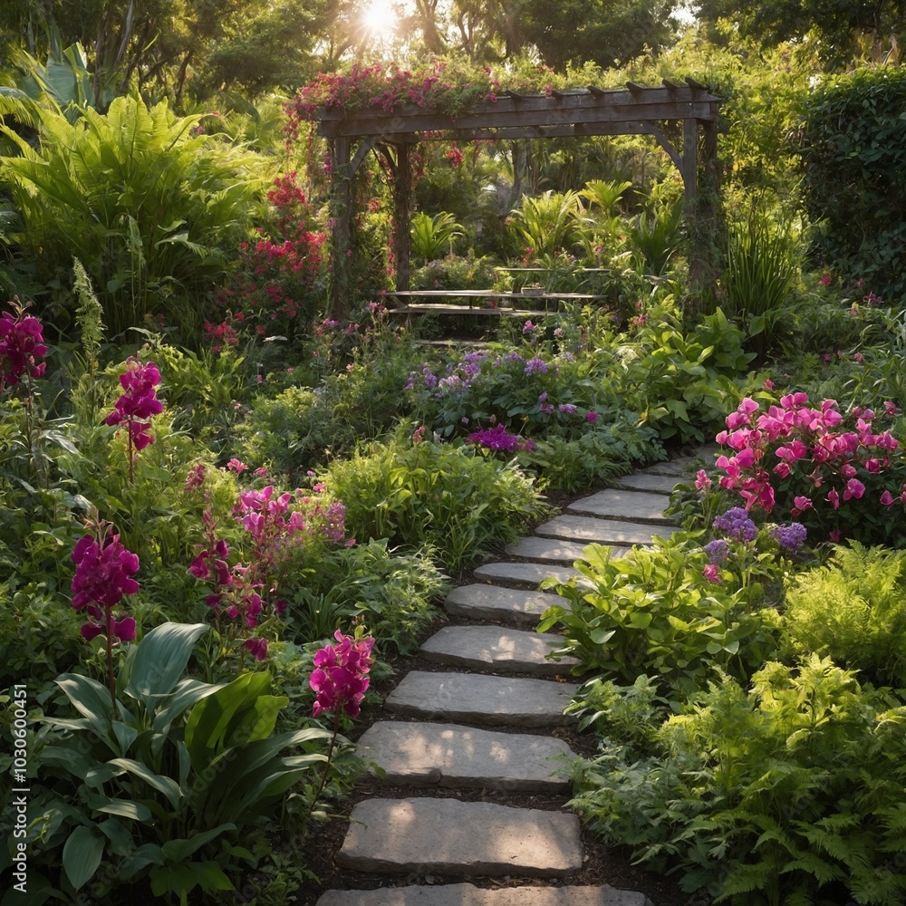 Lush, colorful garden with stone path leading to wooden pergola covered in vines. Garden filled with various flowering plants, including pink azaleas, and surrounded by tall trees and greenery, Lush, colorful garden with stone path leading to wooden pergola covered in vines. Garden filled with various flowering plants, including pink azaleas, and surrounded by tall trees and greenery,