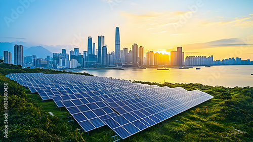 A City Skyline with Solar Panels in the Foreground, Captured at Sunset