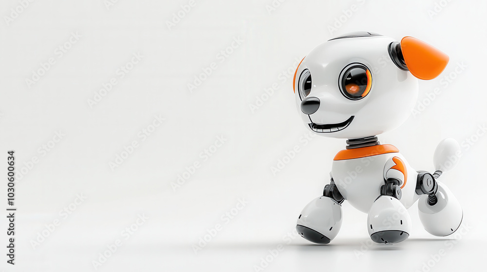 playful 3D cartoon style robot dog with friendly expression, showcasing its vibrant orange and white design. This charming character embodies joy and curiosity as it explores its surroundings playful 3D cartoon style robot dog with friendly expression, showcasing its vibrant orange and white design. This charming character embodies joy and curiosity as it explores its surroundings