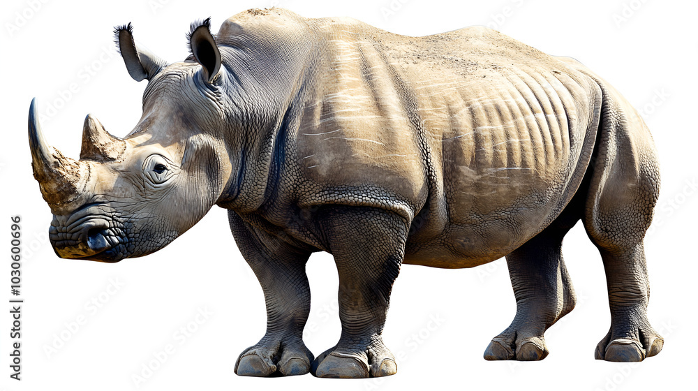 Fototapeta premium Rhino Moving Across a Dry Plain with Dust Clouds and a Golden Horizon in the Distance