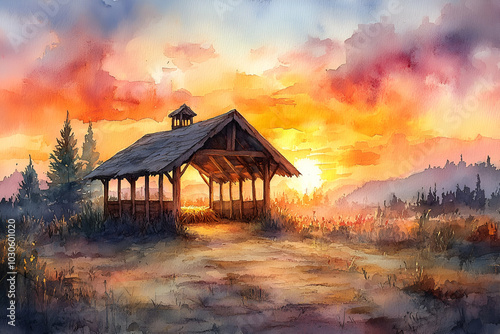 A painting of a barn with a roof and a porch. The sun is setting and the sky is orange