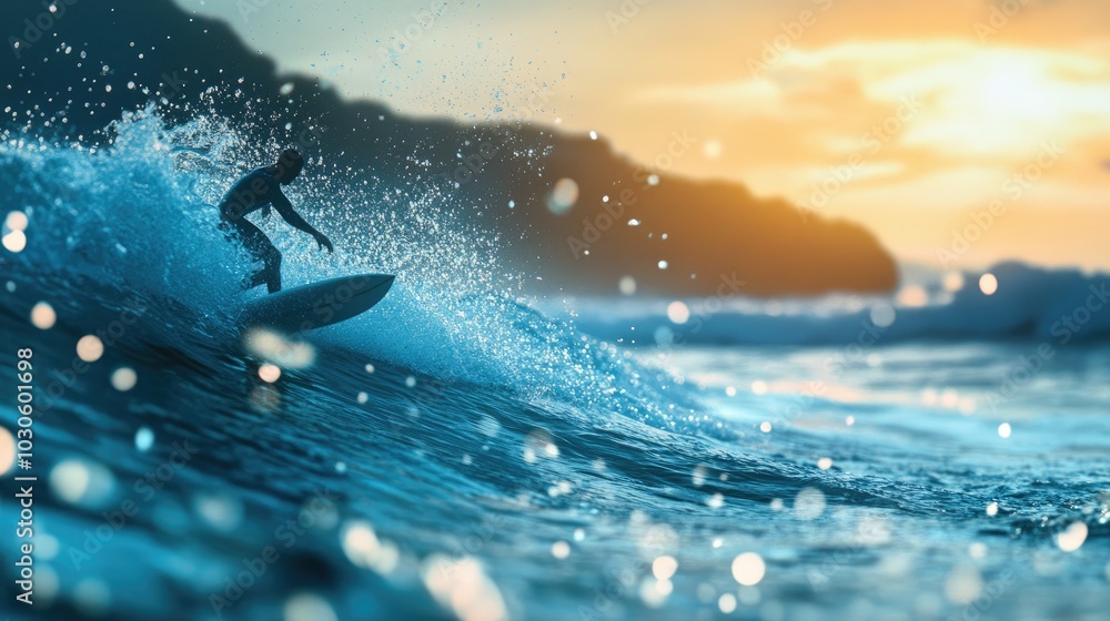 Surfer in focus, catching a wave in the sparkling ocean, with a breathtaking seascape in the background. Surfer in focus, catching a wave in the sparkling ocean, with a breathtaking seascape in the background.