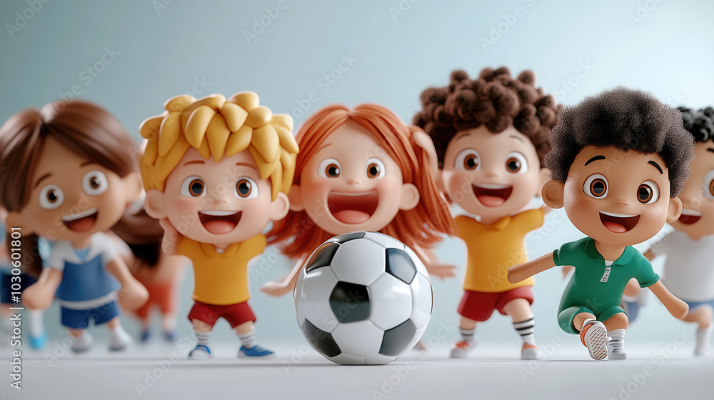 Group of 3D cartoon kids playing soccer with ball, showcasing joy and excitement. Their vibrant expressions and colorful outfits create lively scene of fun and friendship Group of 3D cartoon kids playing soccer with ball, showcasing joy and excitement. Their vibrant expressions and colorful outfits create lively scene of fun and friendship