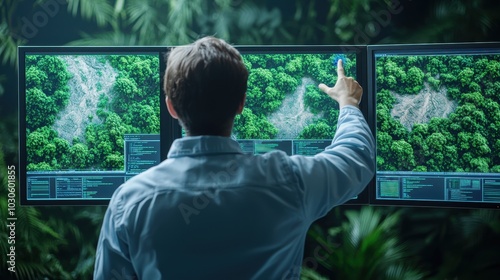 Environmental scientist studying aerial images of forest regions on computer screens for ecological analysis photo