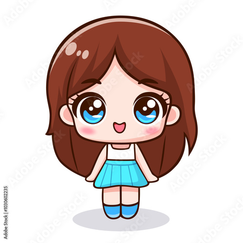 Cartoon cute little girl smiling happily, vector cartoon illustration