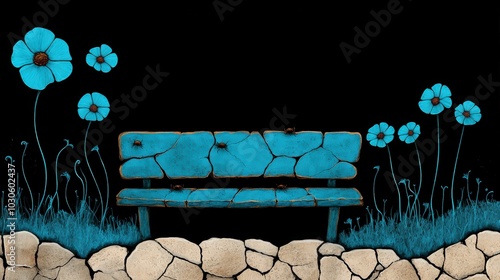 Artistic bench surrounded by colorful flowers on a black background