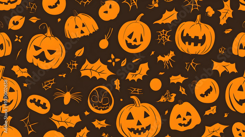 Halloween Seamless Pattern with Jack-O'-Lantern Faces, Leaves, and Cobwebs on Brown Background